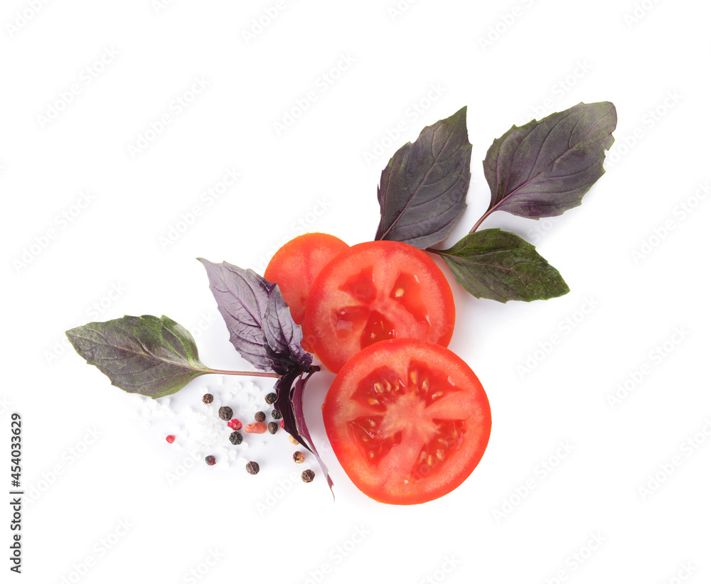 Fresh basil, tomato and peppercorn on white background