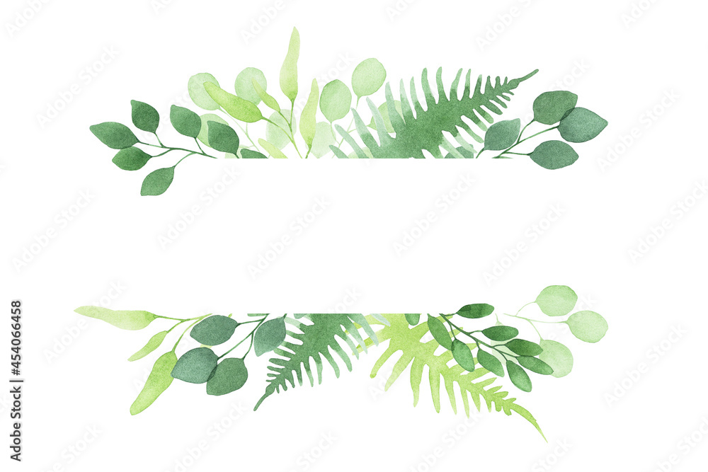 水彩插图。框架，边界是简单抽象的热带森林树叶。绿色的树叶