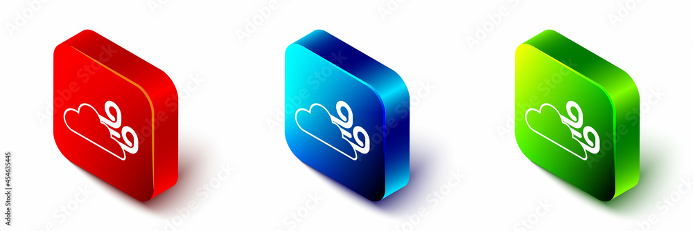 Isometric Windy weather icon isolated on white background. Cloud and wind. Red, blue and green squar
