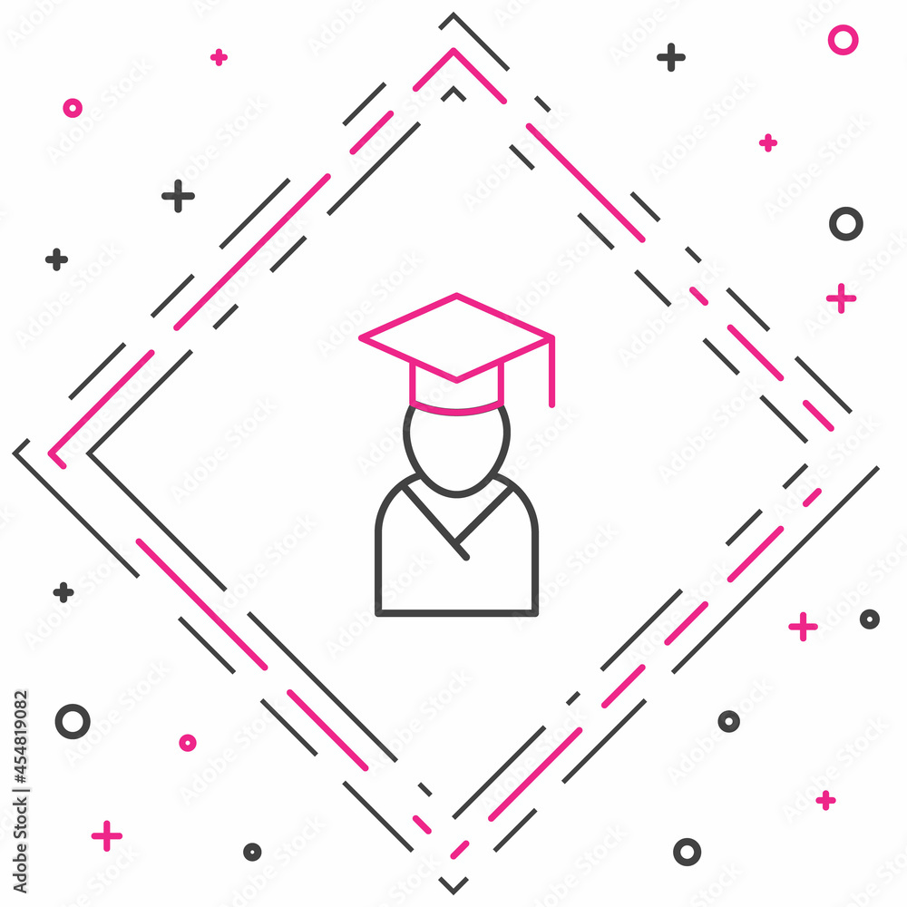 白色背景上隔离的线条毕业生和毕业帽图标。彩色轮廓概念。矢量