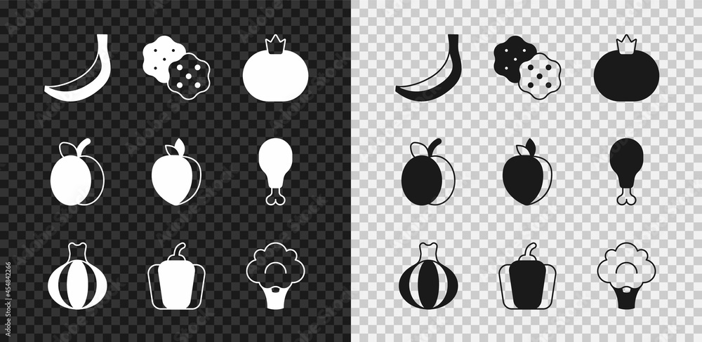 Set Banana, Cracker biscuit, Tomato, Onion, Bell pepper, Broccoli, Plum fruit and icon. Vector