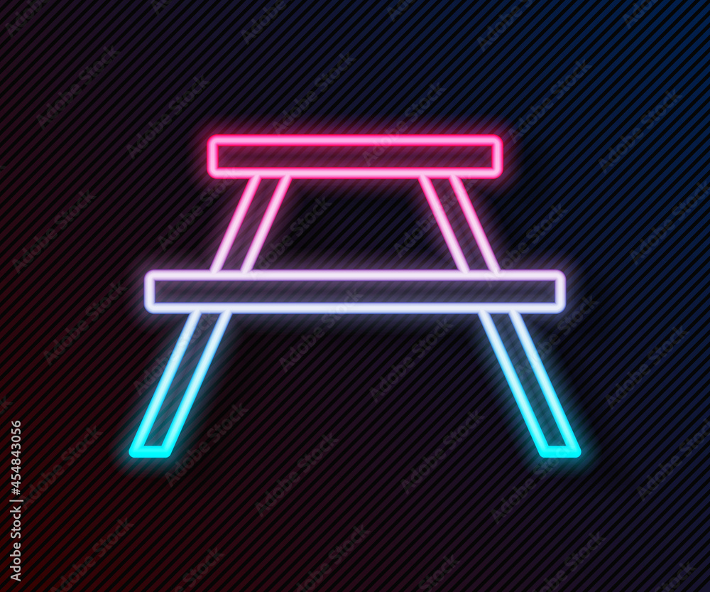 闪闪发光的霓虹线野餐桌，桌子两侧的长椅图标隔离在黑色背面
