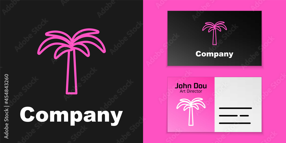 粉色线条热带棕榈树图标，黑色背景。椰子棕榈树。标志设计templ