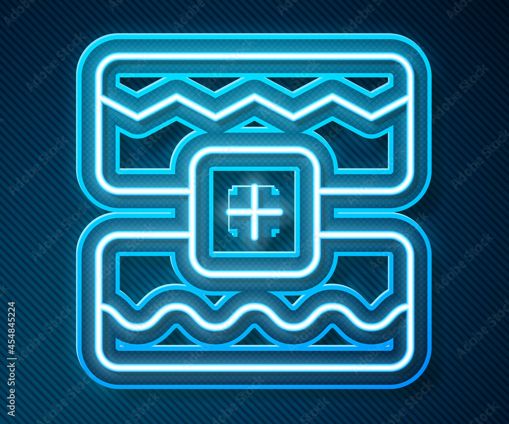 Glowing neon line Music wave equalizer icon isolated on blue background. Sound wave. Audio digital e