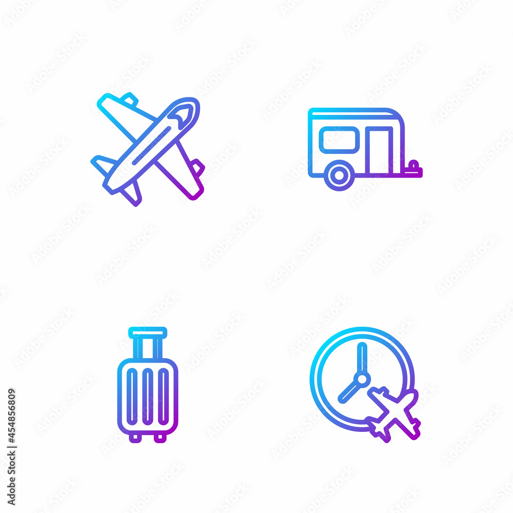 为飞机、手提箱、飞机和房车露营拖车设置线路时钟。渐变色图标。矢量