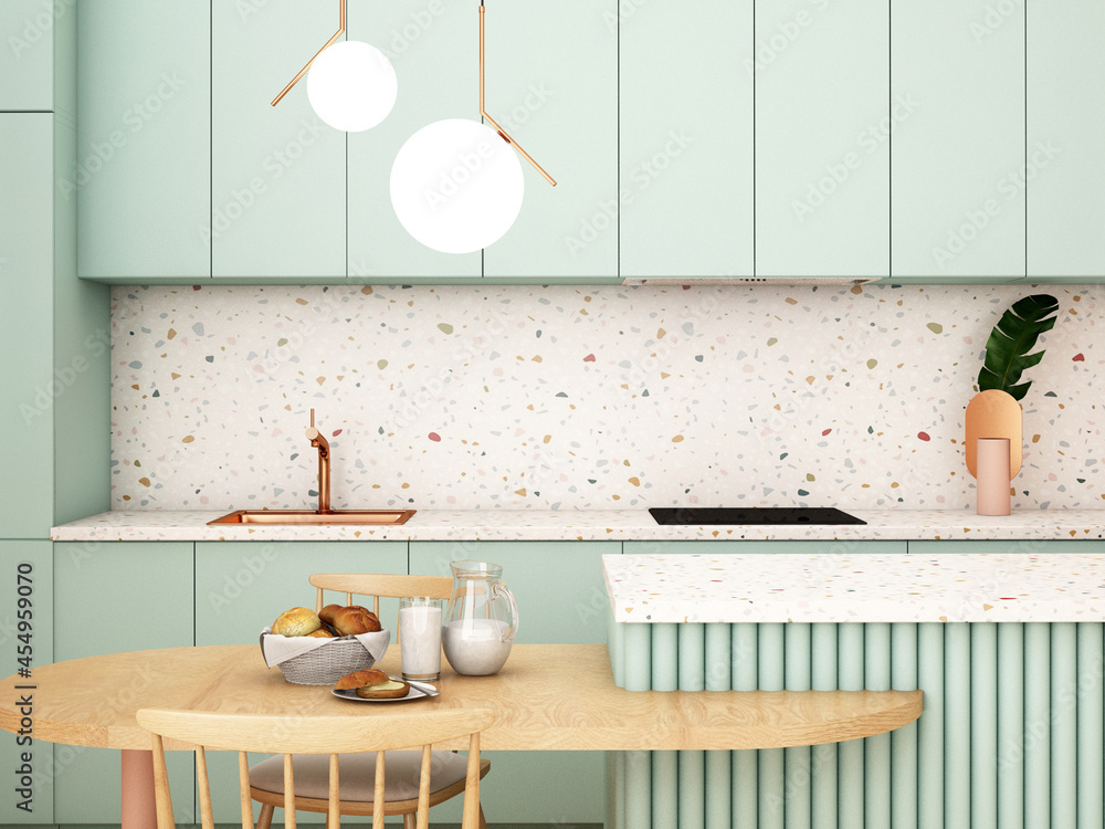 现代风格的厨房室内设计，三维渲染，三维插图
