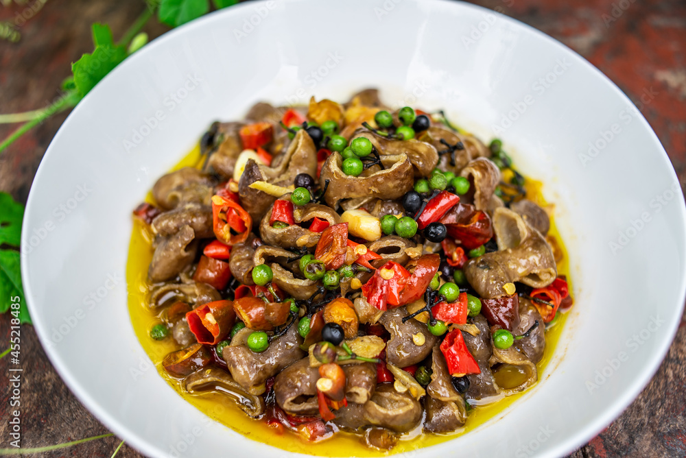 Stir-fried large intestine with Chinese Sichuan and Hunan cuisine with mountain pepper