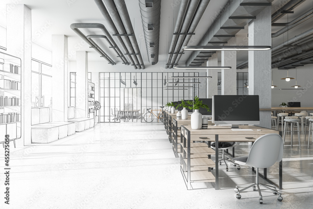 Sketch of creative coworking office interior with bright city view and concrete flooring. Design, re
