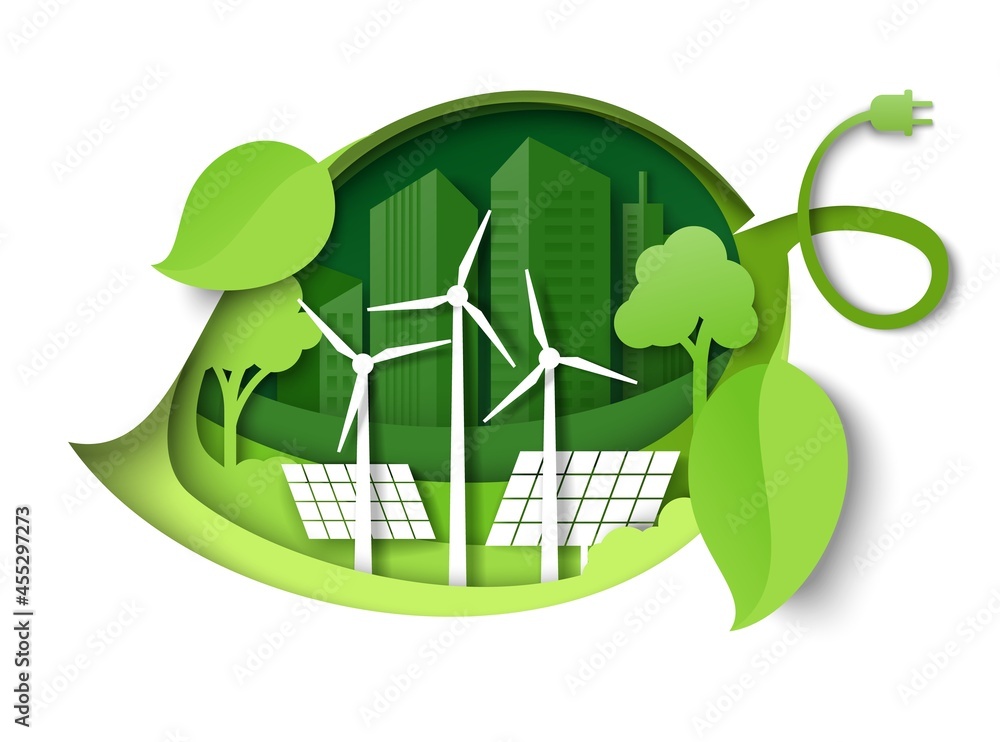 绿叶与风车、太阳能电池板、树木、城市建筑轮廓、矢量剪纸插图