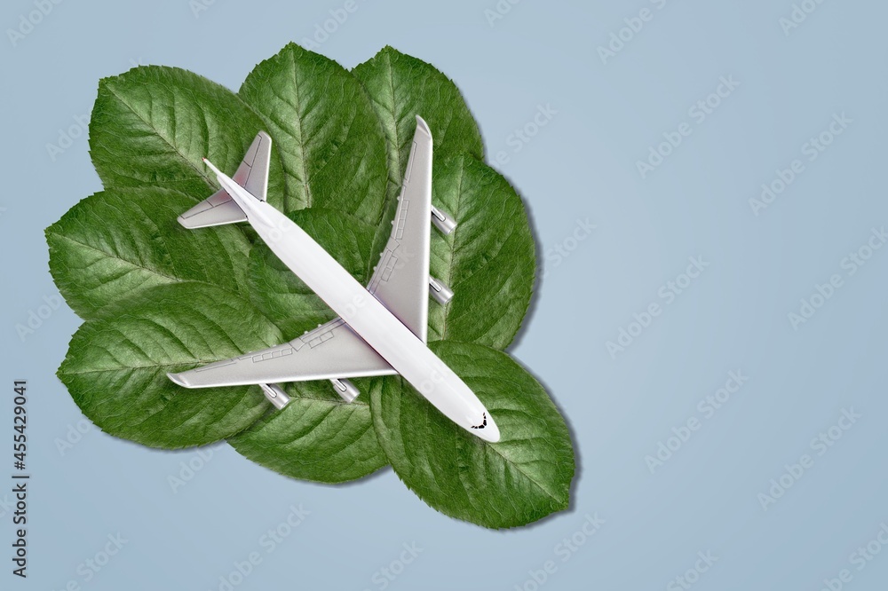 散发新鲜绿叶的白色飞机模型。可持续旅行，清洁和绿色能源，