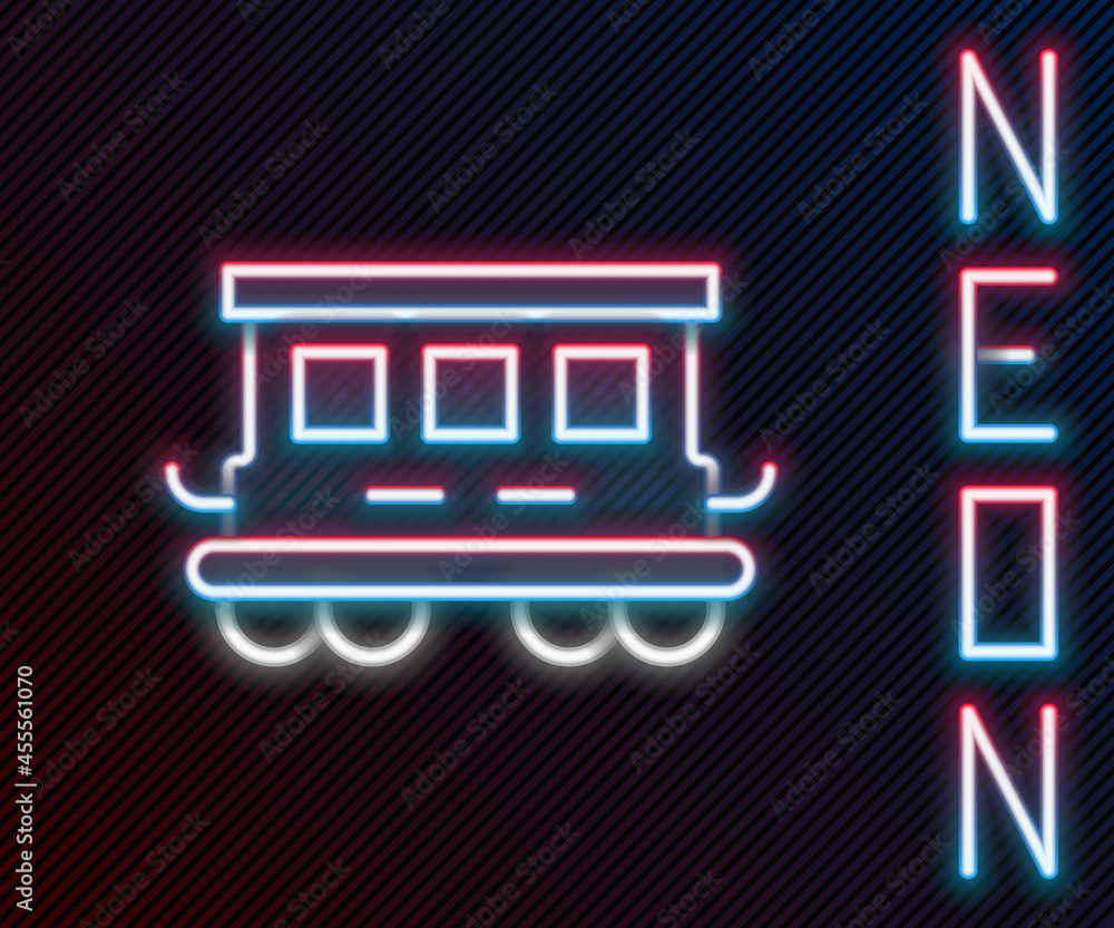 闪闪发光的霓虹灯线黑色背景上隔离的客车玩具图标。铁路车厢。科罗拉多州