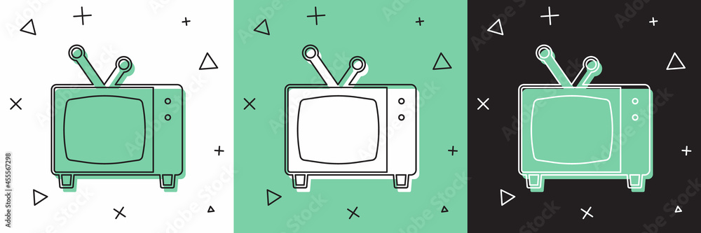 Set Retro tv icon isolated on white and green, black background. Television sign. Vector