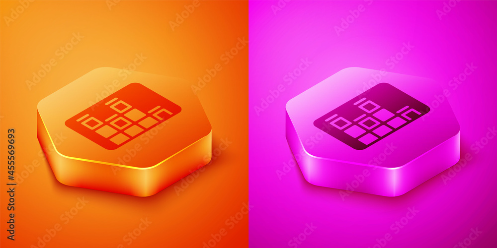 等距音乐均衡器图标隔离在橙色和粉色背景上。声波。音频数字设备