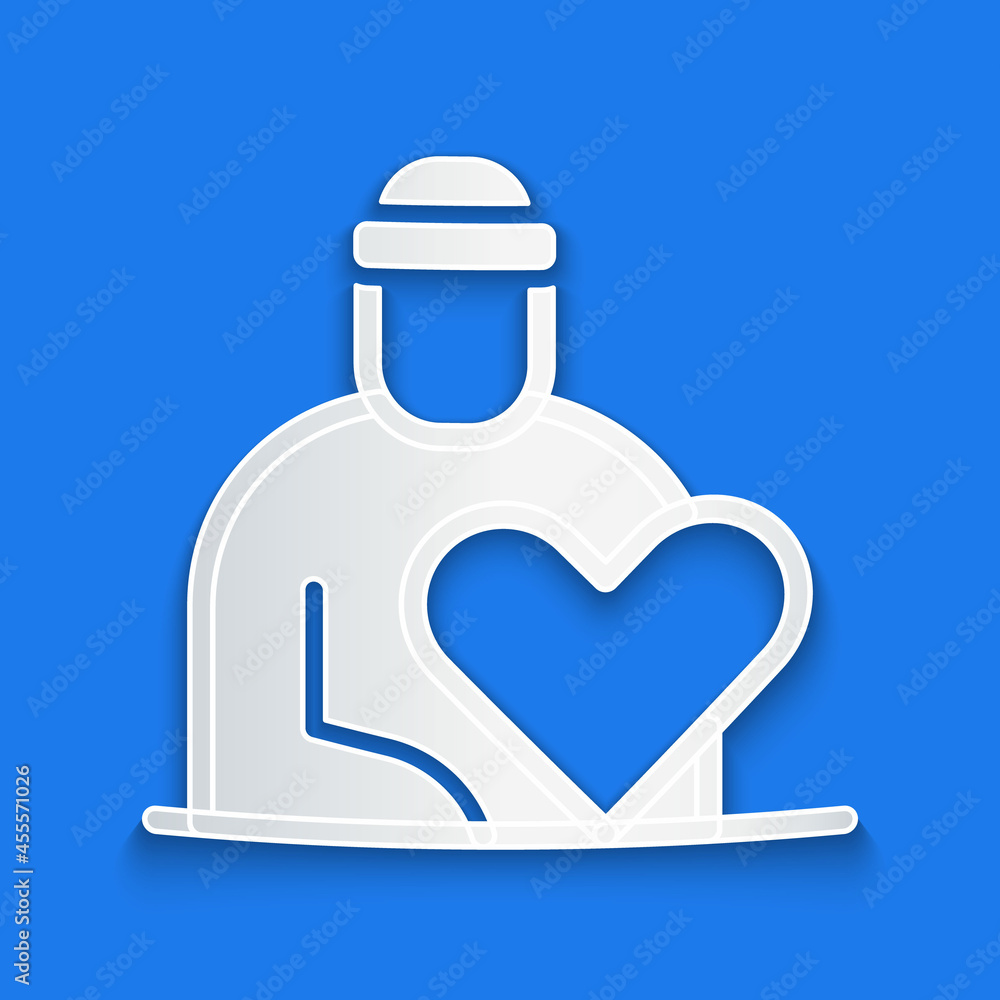 剪纸志愿者图标隔离在蓝色背景上。关爱、爱心和善良的社区支持po