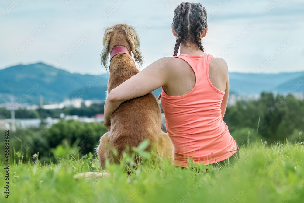 女人和狗在球场上放松，公园里的绿色草地。户外运动。运动的年轻女孩和他的狗