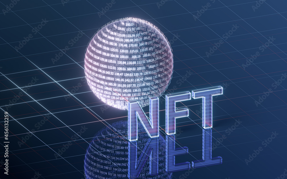 具有深色背景、3d渲染的NFT非无形代币概念。