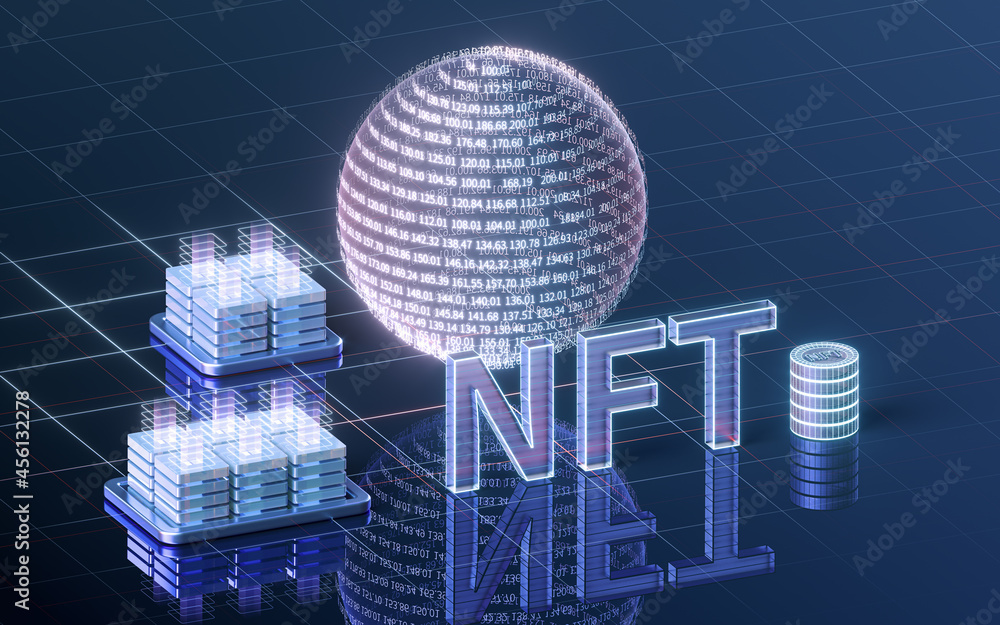 NFT非无形代币概念，深色背景，3d渲染。