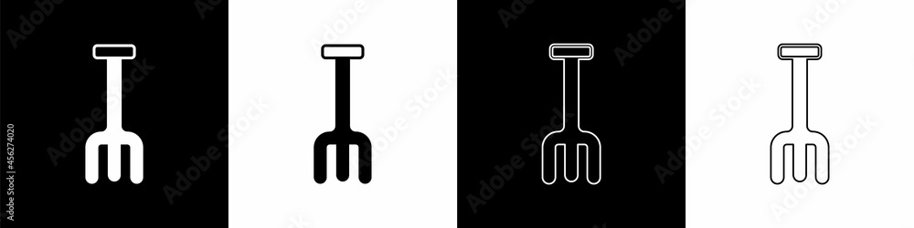 Set Garden rake icon isolated on black and white background. Tool for horticulture, agriculture, far