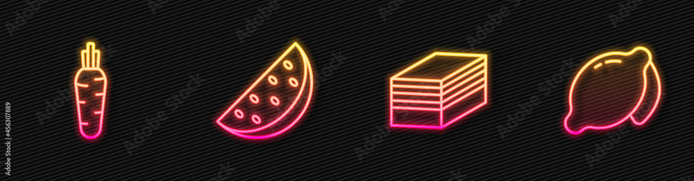 Set line Piece of cake, Carrot, Watermelon and Lemon. Glowing neon icon. Vector