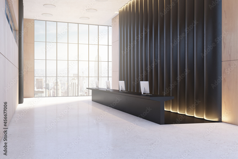 Modern black and wooden office lobby with reception desk and windwo with city view. Waiting area con