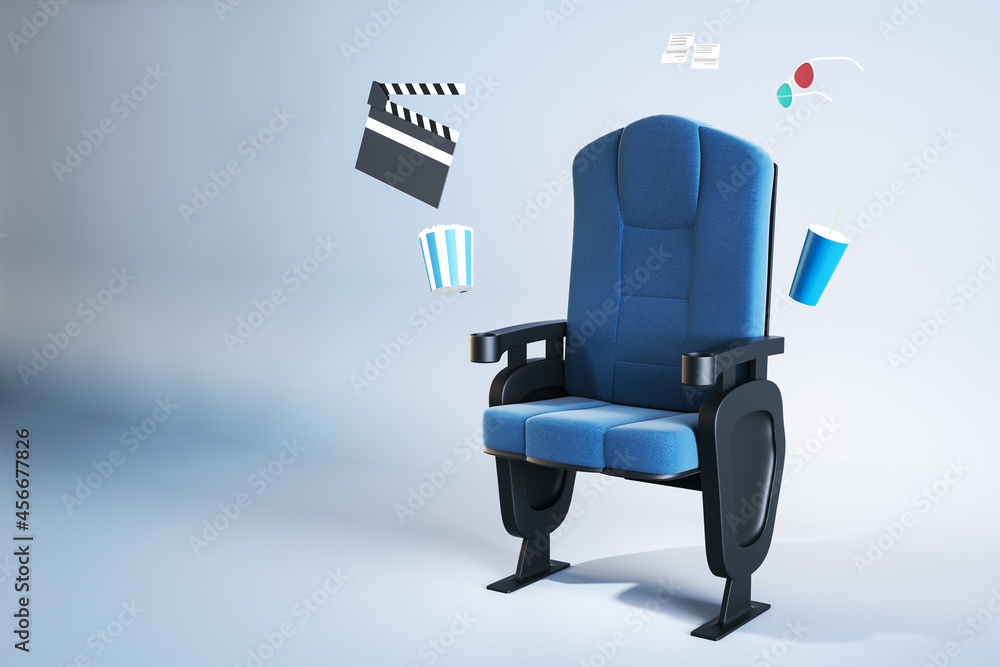 抽象的蓝色电影院扶手椅，灯光背景下有飞行物体，带实体模型。3D