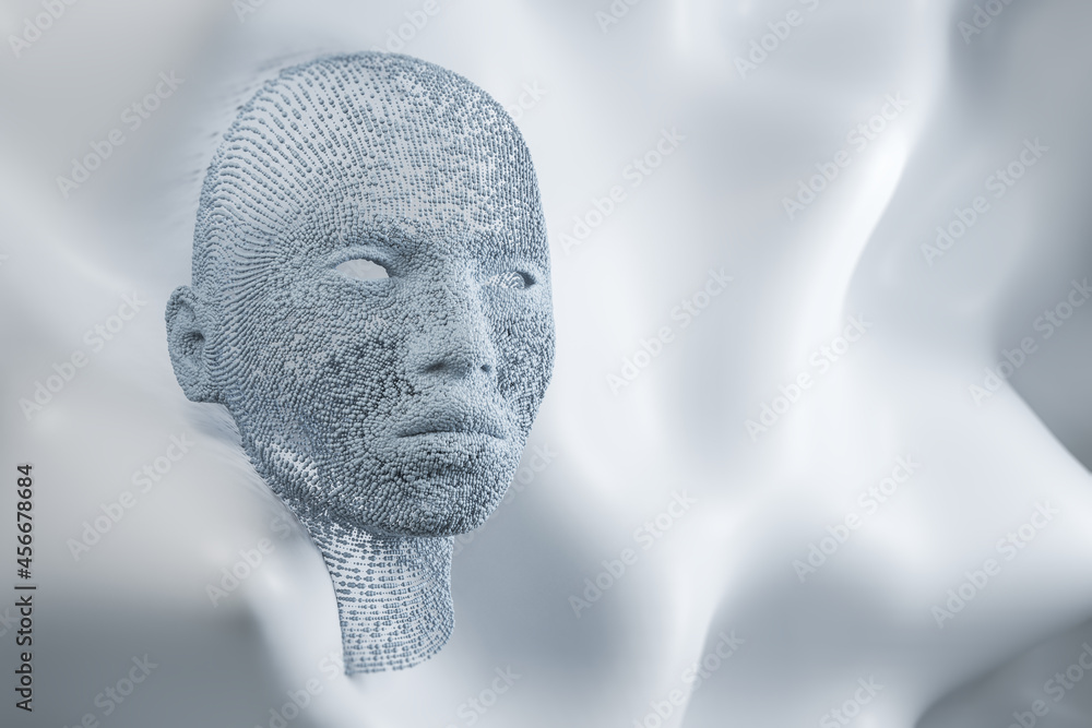 Creative white human head on wavy background. Future, robotics and artificial intelligence backgroun