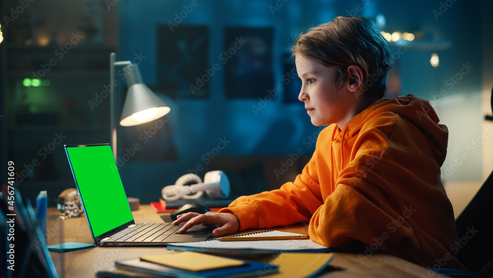 聪明的小男孩在绿屏笔记本电脑上研究作业。快乐少年Br