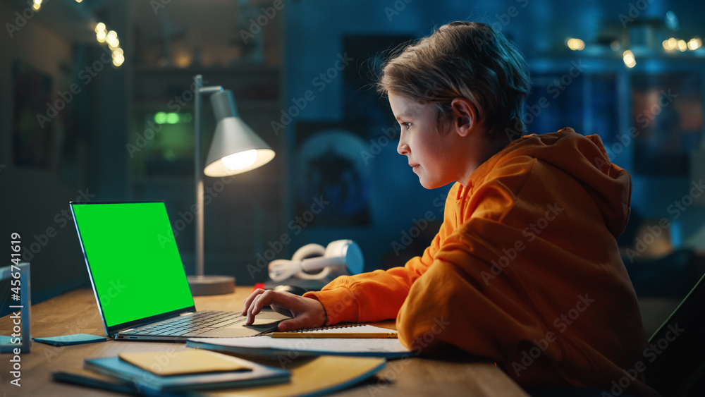 Smart Young Boy Researching Homework on Laptop Computer with Green Screen Display. Happy Teenager Br