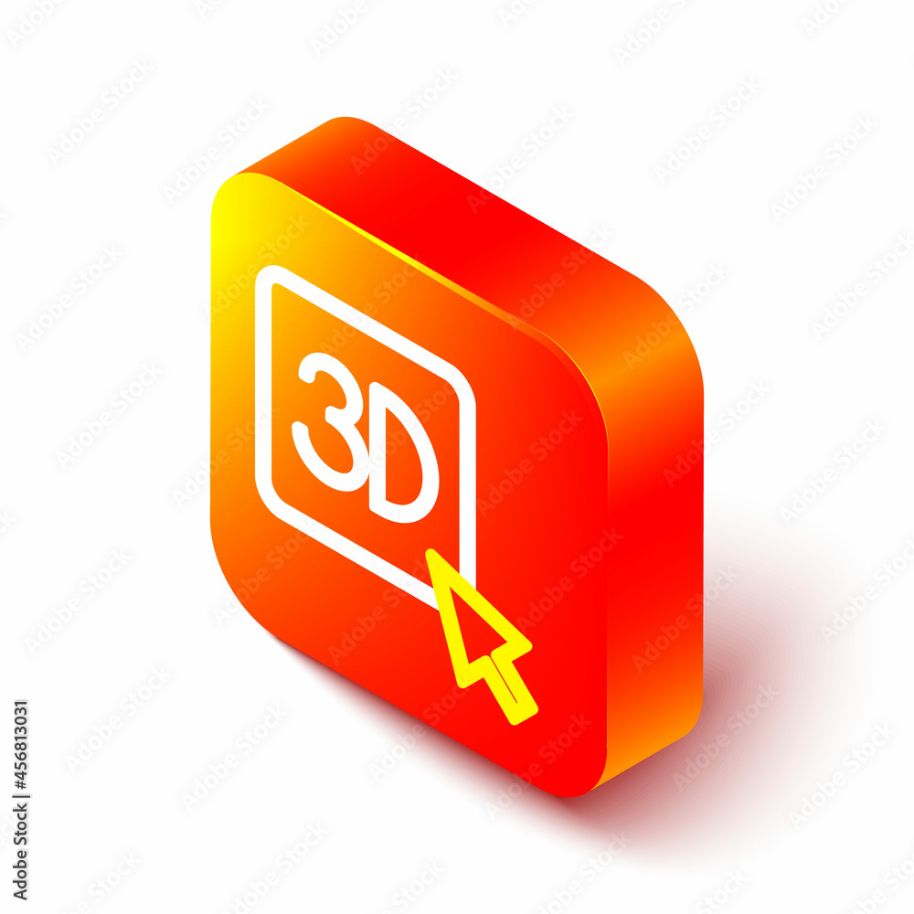 白色背景上隔离的等距线3D打印机图标。3D打印。橙色方形按钮。Vect