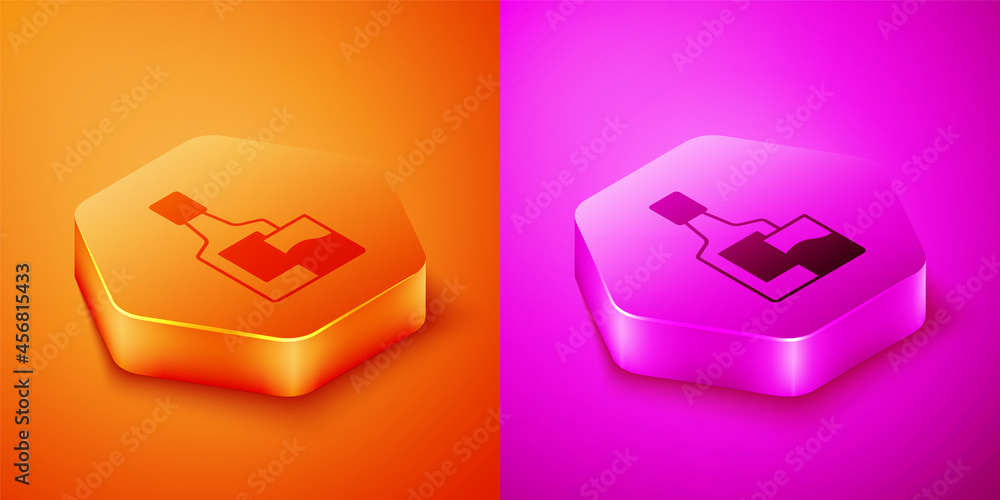Isometric Whiskey bottle and glass icon isolated on orange and pink background. Hexagon button. Vect