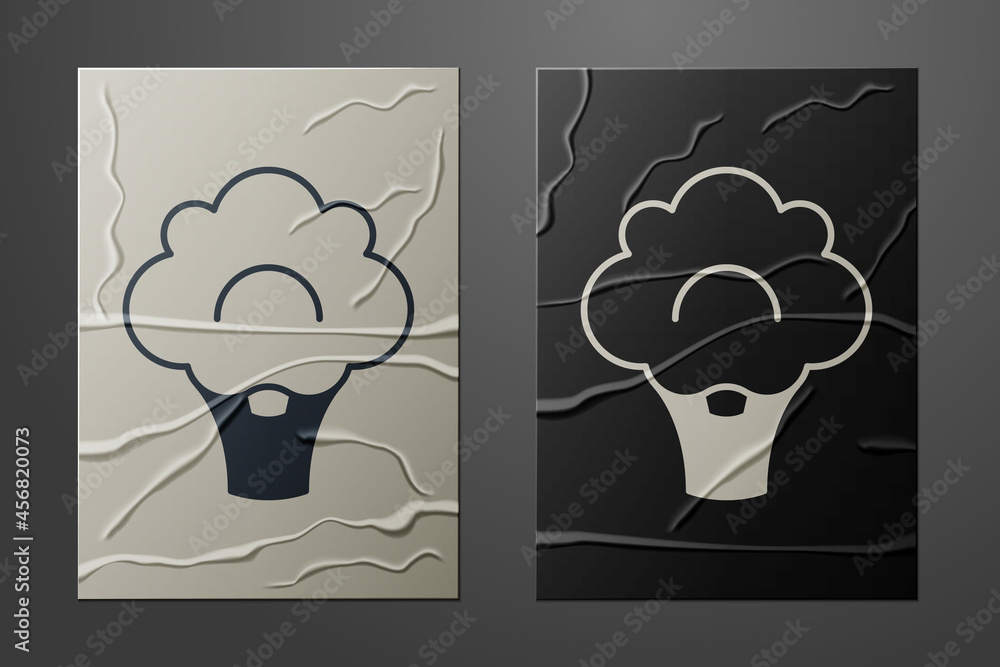 White Broccoli icon isolated on crumpled paper background. Paper art style. Vector