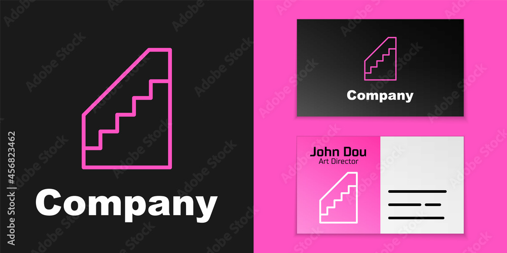 粉色线条黑色背景上隔离的楼梯图标。徽标设计模板元素。矢量
