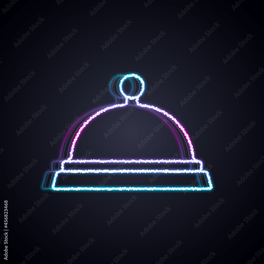 闪闪发光的霓虹灯线覆盖着一盘黑色背景上隔离的食物图标。托盘和盖子标志。