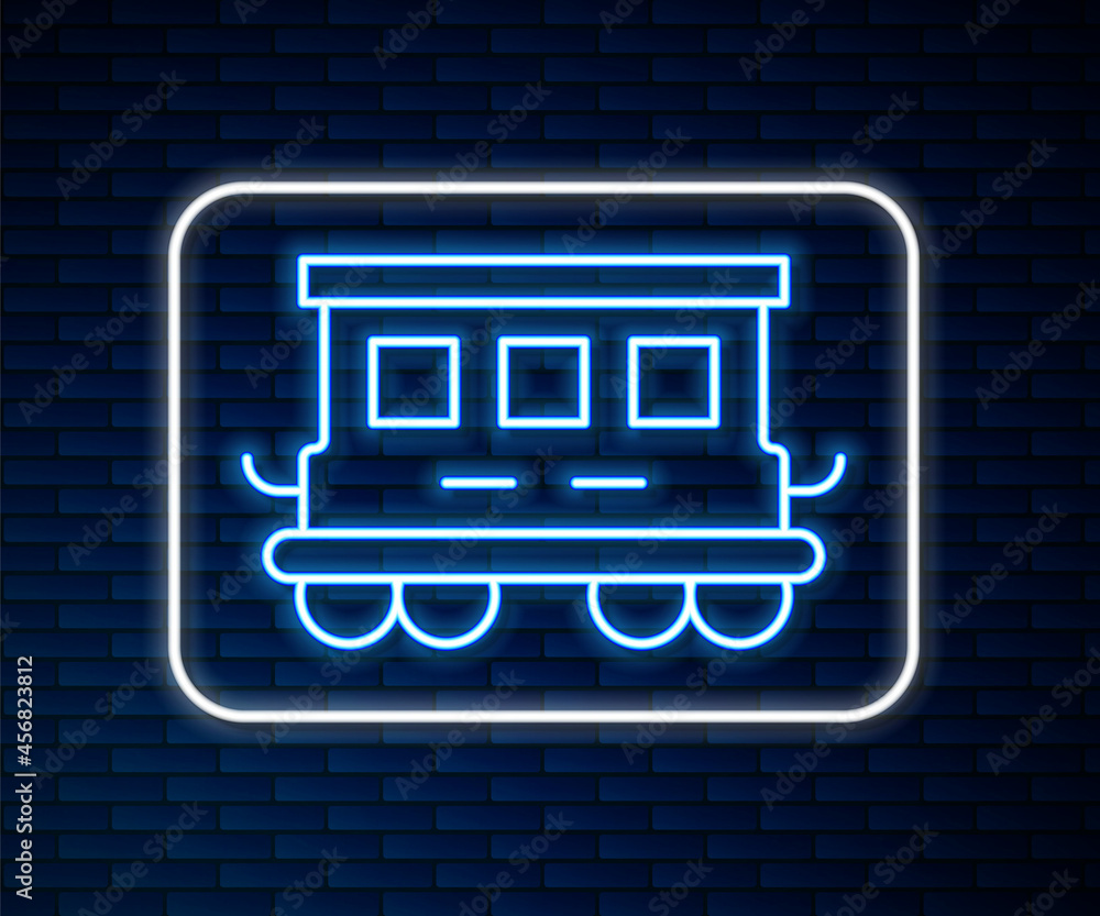 闪闪发光的霓虹灯线路，砖墙背景上孤立的火车车厢玩具图标。铁路车厢。