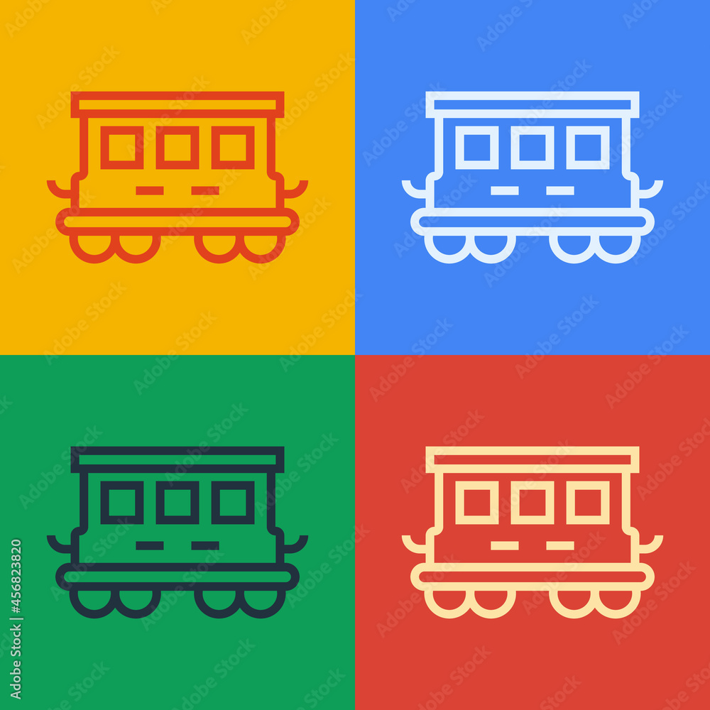 流行艺术线路彩色背景上隔离的客车玩具图标。铁路车厢。矢量