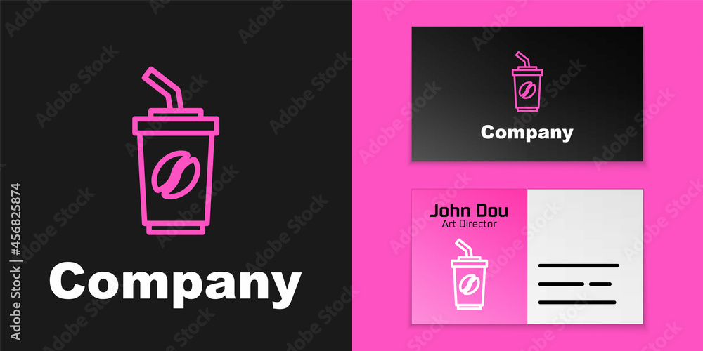 粉色线条咖啡杯图标隔离在黑色背景上。徽标设计模板元素。矢量