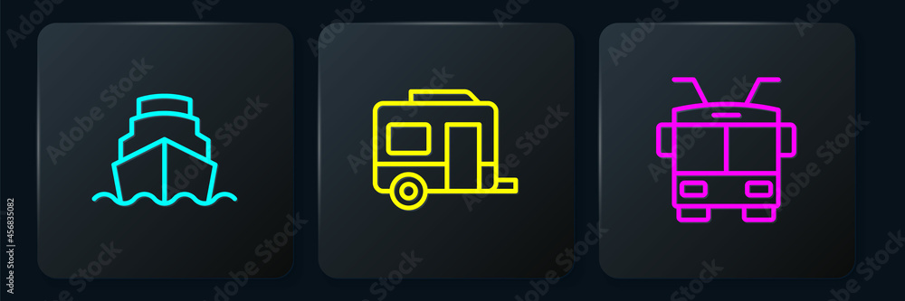 设置线路游轮、Trolleybus和Rv露营拖车。黑色方形按钮。矢量