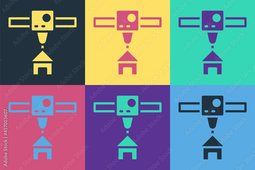 Pop art 3D printer house icon isolated on color background. 3d printing. Vector