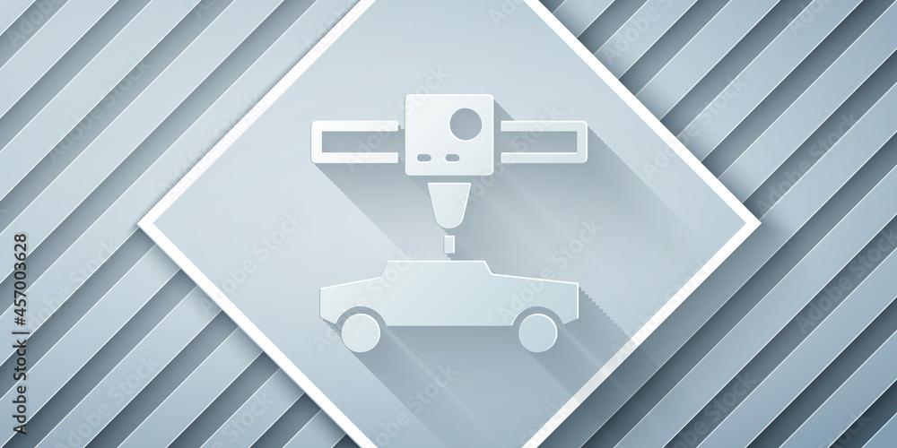 Paper cut 3D printer car icon isolated on grey background. 3d printing. Paper art style. Vector