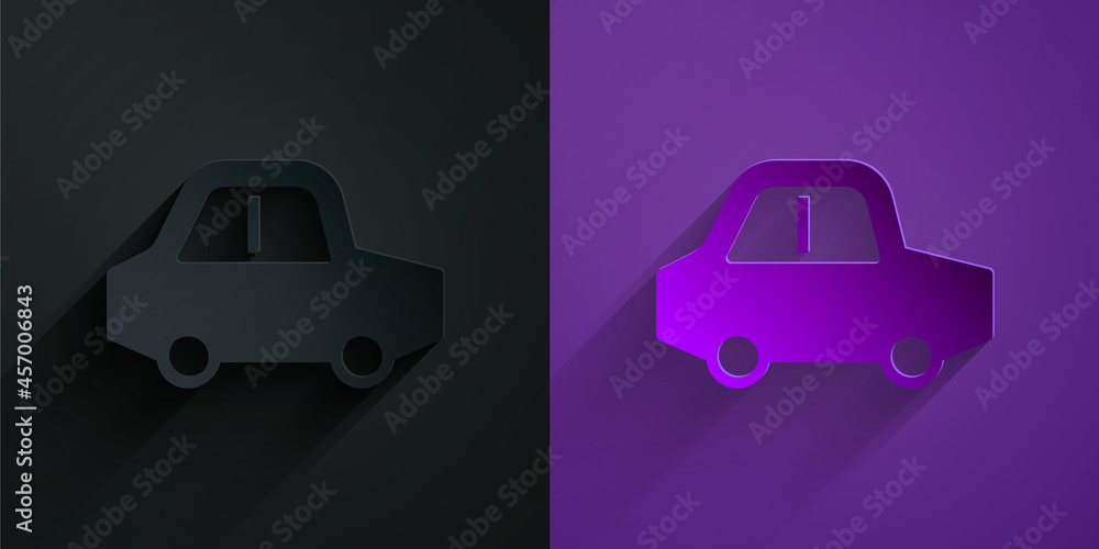 剪纸玩具车图标隔离在紫色背景下的黑色上。纸艺风格。矢量
