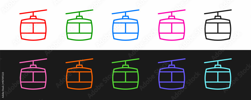 Set line Cable car icon isolated on black and white background. Funicular sign. Vector