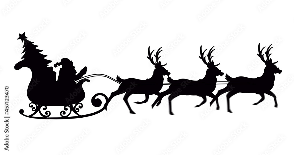 雪橇上圣诞老人和圣诞树黑色剪影的数字图像