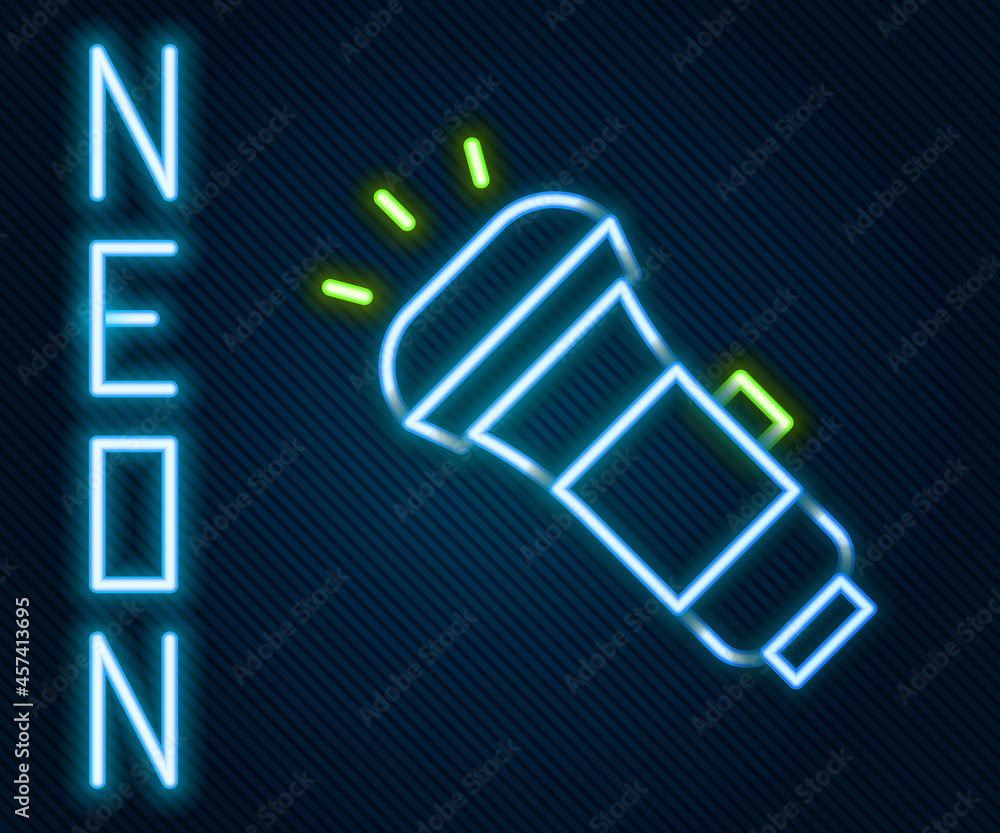 Glowing neon line Flashlight icon isolated on black background. Colorful outline concept. Vector