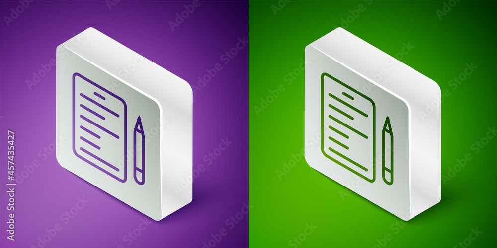 等距线场景图标隔离在紫色和绿色背景上。艺术的脚本阅读概念