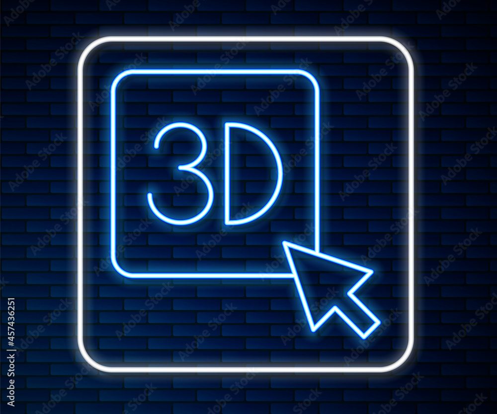 在砖墙背景上隔离的发光霓虹线3D打印机图标。3D打印。矢量