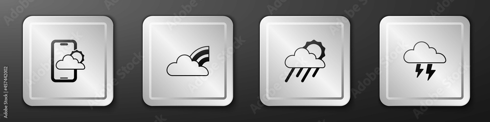 设置天气预报，带云的彩虹，云雨和太阳以及风暴图标。银色方形按钮。