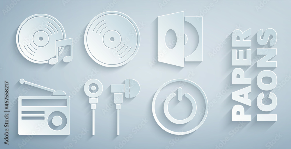 Set Air耳机、带乙烯基唱片的乙烯基播放器、收音机天线、电源按钮和图标。Vector