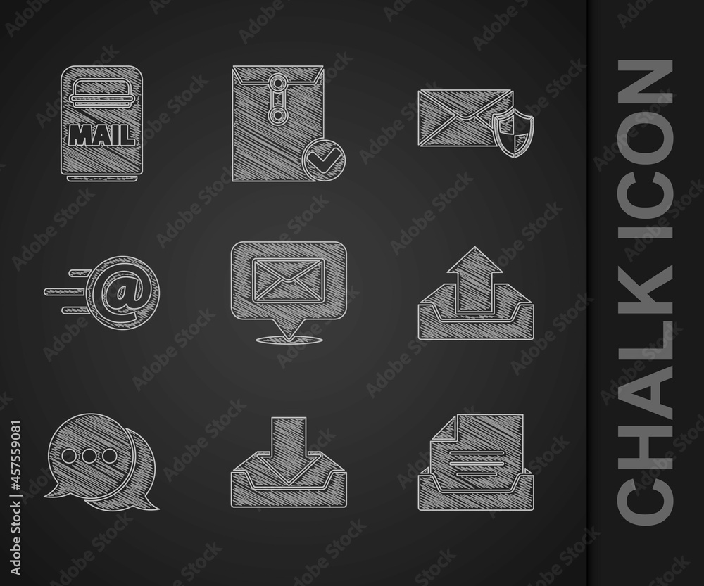 Set Speech bubble with envelope, Download inbox, Drawer document, Upload, chat, Mail and e-mail, Env