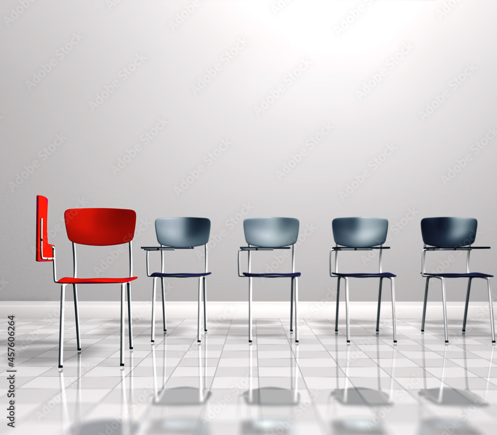 Fila de sillas de estudiantes y silla roja en el pasillo y pared blanca. Concepto de elección y opor