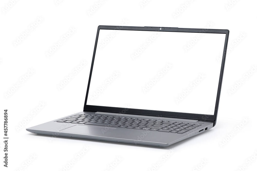 纤薄的现代笔记本电脑，白色背景上隔离的空白屏幕。银灰色。Clipp